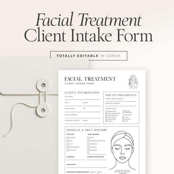 Facial Treatment Client Intake Form + Customer Agreement | Esthetician Forms | Editable Canva Template + Fillable PDF – EF001