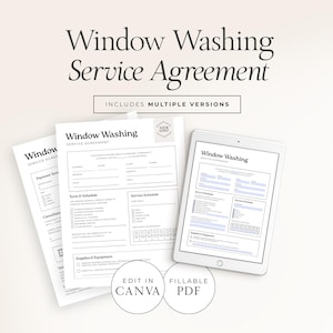Op de afbeelding: Een overeenkomst voor het schoonmaken van ramen, weergegeven op papier en een tablet. De documenten bevatten secties voor voorwaarden, serviceplanningen en benodigdheden. De tekst bevat "Window Washing Service Agreement" en "Includes Multiple Versions."