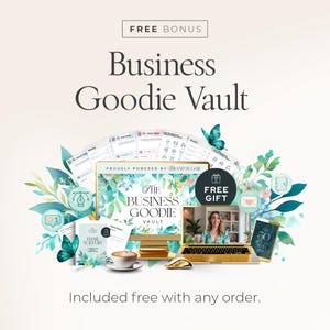 K&ouml;nnte beinhalten: Werbung f&uuml;r das "Business Goodie Vault" mit Laptop, Tablet und gedruckten Materialien. Das Bild enth&auml;lt den Text "FREE BONUS" und "FREE GIFT". Das Design integriert florale Elemente und eine Frau auf dem Laptop-Bildschirm.