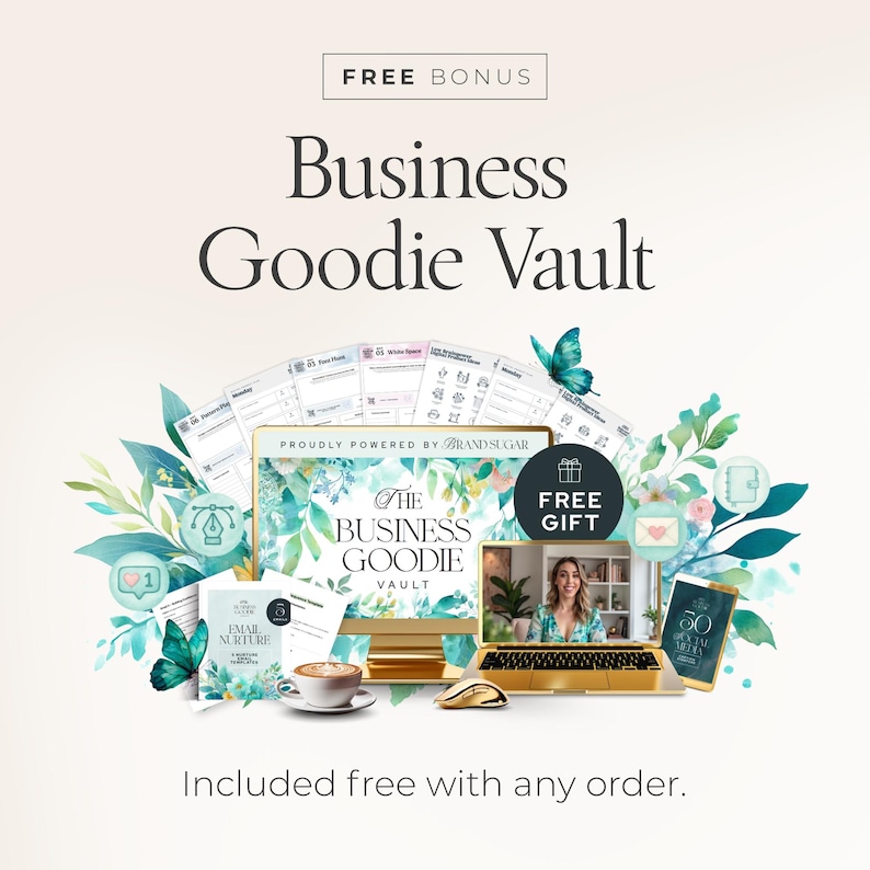 K&ouml;nnte beinhalten: Werbung f&uuml;r das "Business Goodie Vault" mit Laptop, Tablet und gedruckten Materialien. Das Bild enth&auml;lt den Text "FREE BONUS" und "FREE GIFT". Das Design integriert florale Elemente und eine Frau auf dem Laptop-Bildschirm.