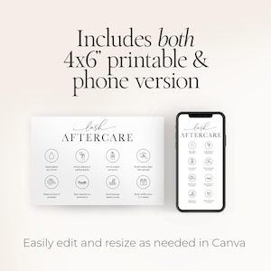 May include: A white printable card and a smartphone displaying lash aftercare instructions. The card includes icons and text such as "Keep lashes dry 24 hrs" and "Avoid rubbing or pulling lashes". The phone shows the same information. The text "Includes both 4x6" printable & phone version" is at the top.