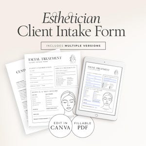 Könnte beinhalten: Ästhetiker-Kundenaufnahmeformular mit mehreren Versionen. Die Formulare umfassen Abschnitte für Kundeninformationen, Servicepräferenzen und medizinische Vorgeschichte. Das Bild zeigt gedruckte Formulare und ein digitales Tablet mit dem Formular.