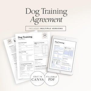 Puede incluir: Una plantilla de acuerdo de adiestramiento canino con el título "Dog Training Agreement" en una fuente serif. La imagen incluye formularios impresos y una tableta que muestra el acuerdo. También es visible el texto "Includes Multiple Versions".