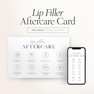 May include: A white card and smartphone display lip filler aftercare instructions. The card and phone screen feature the text "Lip Filler Aftercare" and include icons with related advice, such as avoiding heat and using a cold pack.