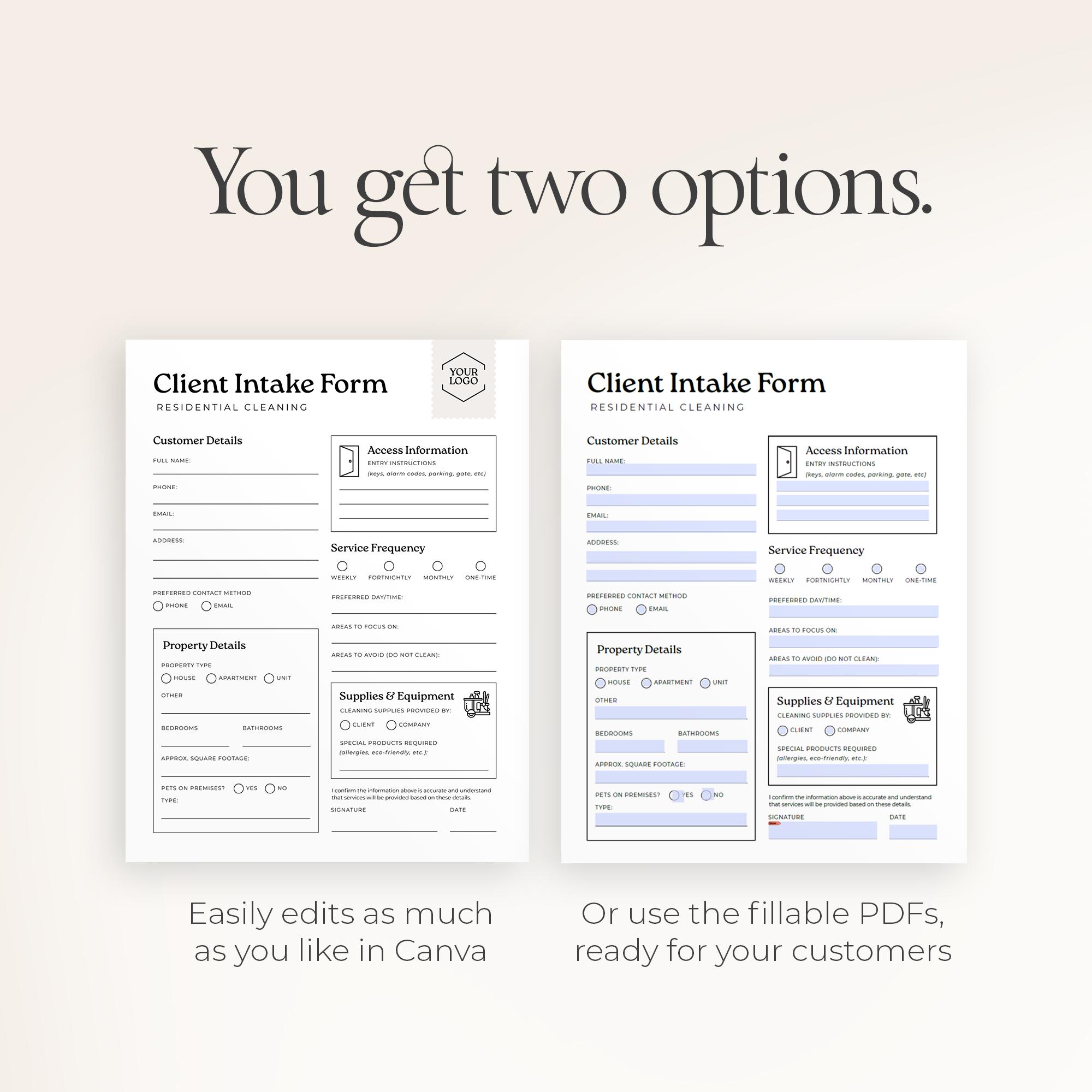 Client Intake Form & Customer Agreement | Editable Canva + Fillable PDF ...
