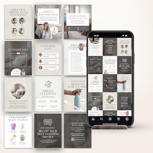 K&ouml;nnte beinhalten: Ein Smartphone zeigt ein Raster von Werbebildern f&uuml;r einen Reinigungsservice. Die Grafiken enthalten Texte wie &bdquo;Treffen Sie unser Dream Team&ldquo;, &bdquo;Kundenliebe&ldquo; und &bdquo;Gr&uuml;ne Reinigung&ldquo;. Die Farbpalette ist neutral.