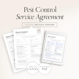 Może przedstawiać: Szablon umowy serwisowej kontroli szkodników z tekstem "Pest Control Service Agreement" i "Includes Multiple Versions". Obraz przedstawia wydrukowane formularze i tablet wyświetlający umowę. Formularze są oznaczone jako "Edit in Canva" i "Fillable PDF".