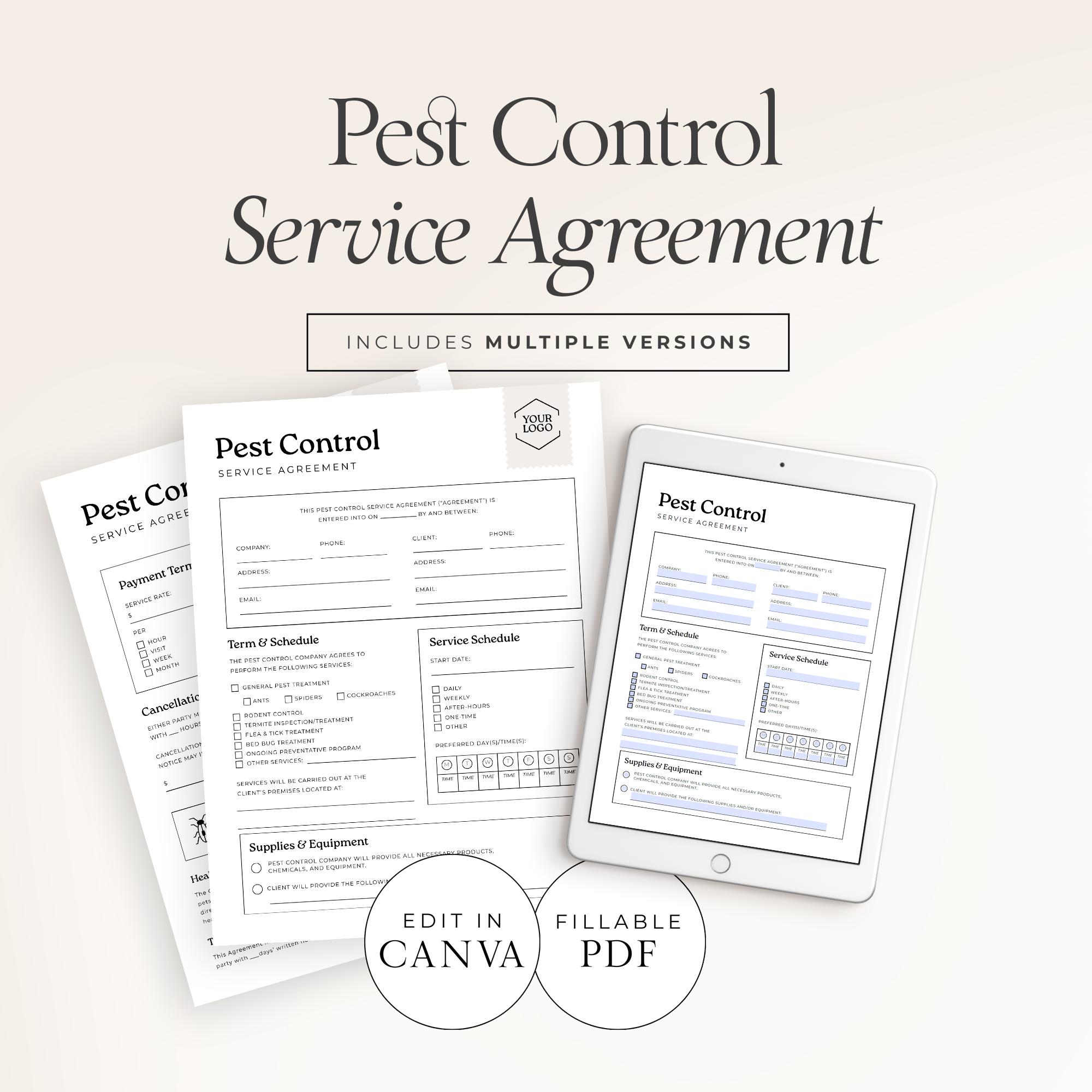Pest Control Service Agreement | Editable Contract Template + Fillable ...