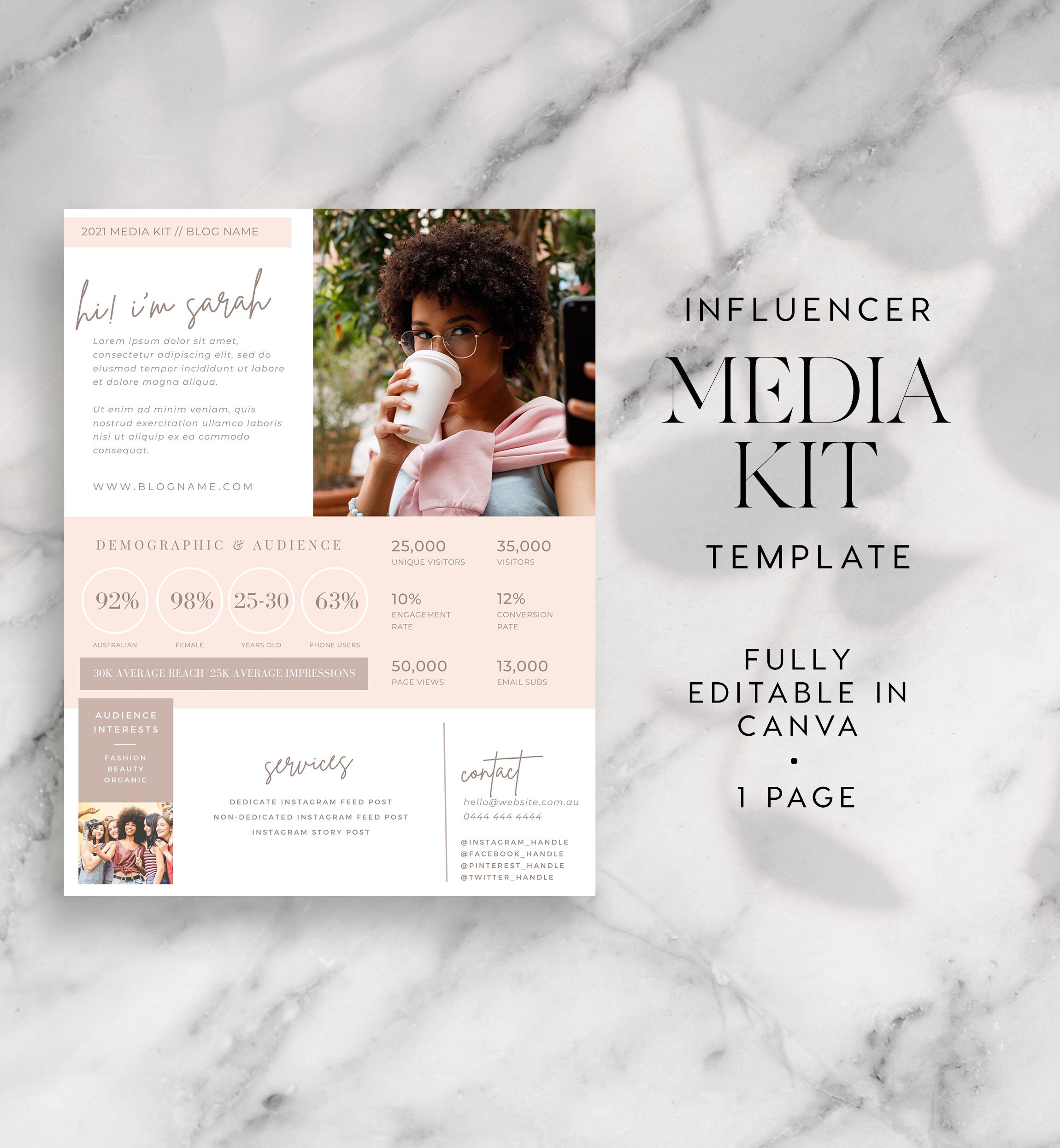 1 Page Media Kit Canva Template INSTANT DOWNLOAD Influencer Etsy