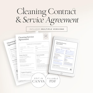 Op de afbeelding: Een digitale sjabloon voor een schoonmaakcontract en serviceovereenkomst. De afbeelding toont afgedrukte documenten en een tablet met de overeenkomst. De tekst bevat "Cleaning Contract & Service Agreement" en "Includes Multiple Versions."