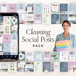 May include: A collection of social media posts for cleaning services. The image features a smartphone displaying various posts, a woman holding colorful cleaning supplies, and text that reads "Cleaning Social Posts PACK."