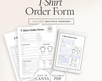 Fillable T-Shirt Order Form Template, Editable Printable Design for Small Business, Digital Download PDF - FM001