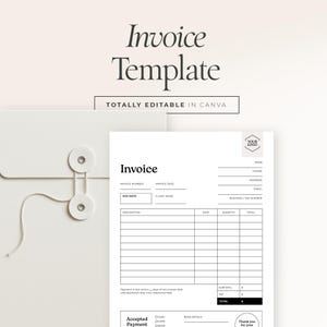 Könnte beinhalten: Eine weiße Rechnungsvorlage mit den Worten "Invoice Template" oben. Der Text "TOTALLY EDITABLE IN CANVA" steht unter dem Titel. Die Rechnung hat Felder für Rechnungsnummer, Datum, Kundenname und eine Tabelle für Artikelbeschreibungen.