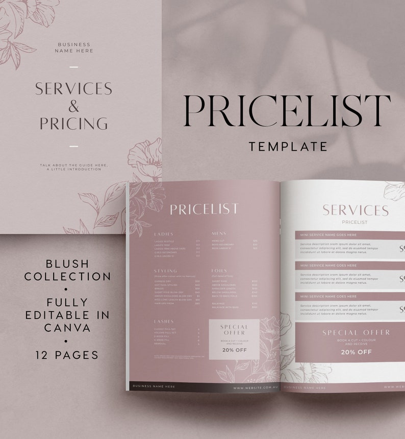Blush Price List Template INSTANT DOWNLOAD Canva Services / Etsy