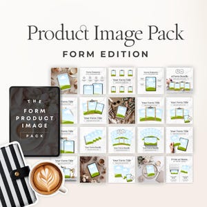 May include: A product image pack with the text "Product Image Pack FORM EDITION". The image includes a tablet, a coffee cup with latte art, a striped notebook, and various product mockups with the text "Form Title" and "Your Form Title".