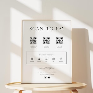 May include: A framed sign with the text "SCAN TO PAY" at the top. Below are QR codes for Apple Pay, Venmo, and PayPal. The sign also lists accepted payment methods: Mastercard, Google Pay, Visa, Cash, and Credit Card. The bottom of the sign reads "connect with us".