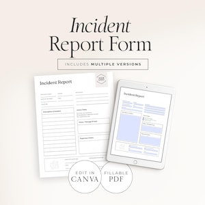 Puede incluir: Un formulario de informe de incidente con el título "Incident Report Form" en una fuente serif. El formulario se muestra en papel y en una tableta. El formulario en papel está a la izquierda y la tableta a la derecha. El formulario incluye múltiples versiones.