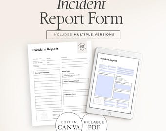 Puede incluir: Un formulario de informe de incidente con el título "Incident Report Form" en una fuente serif. El formulario se muestra en papel y en una tableta. El formulario en papel está a la izquierda y la tableta a la derecha. El formulario incluye múltiples versiones.