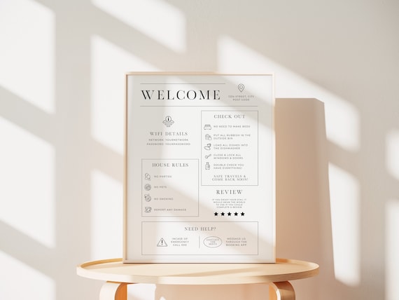 Welcome Sign for Airbnb Manager, VRBO template Welcome Guide, Host Vacation Rental Printable, Guest Arrival Poster, House Rules, Wifi Sign