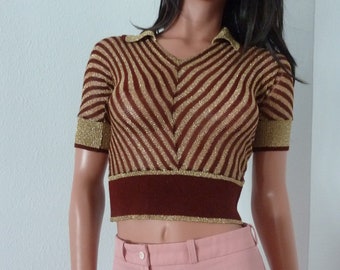 70s Dorothee Bis Lurex Skinny Rib Top Brown Gold V Neck Striped Sweater Jumper Slimfit Vintage Seventies Chevron Striped