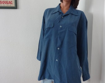 Vintage 90s Silk Equipment Shirt Teal Blue Blouse Nineties French Pointy Collar Pockets Size L