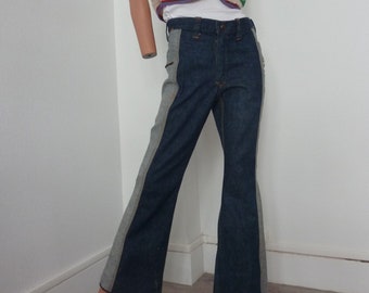 Vintage 70s Reversible Jeans High Waist Flares Wide Leg Trousers Seventies Dark Light Denim Retro Menswear