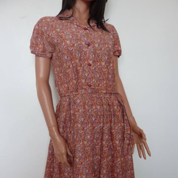 Vintage French Floral Print Shirtwaister Dress 70s 80s GERARD PASQUIER Paris Fifties Housewife Dusky Pink