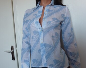 Vintage 70s Lion Print Shirt Blouse AL'SON Paris Blue White Big Cat Seventies 1970s Pointy Collar Size Small 38