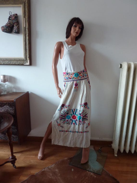 Mexican Hand Embroidered Manta Cotton Maxi Skirt Cochito Mio