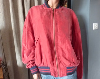 Vintage 80 Ted Lapidus Varsity Style Bomber Jacket Zip Pockets Unisex Pinky Red Silk Eighties Red Lining Oversize