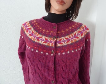 Cardigan Benetton Fair Isle vintage violet rose arc-en-ciel torsadé col montant laine des années 90 des années 90 des années 80