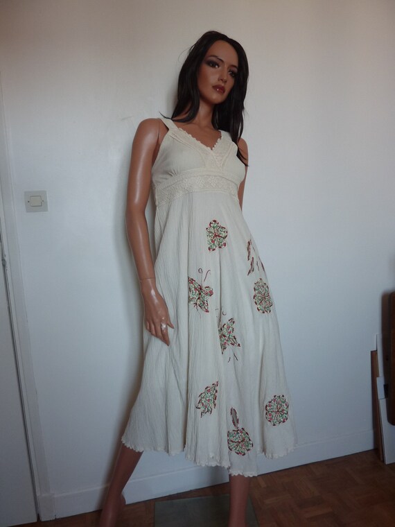 Vintage Ivory White Boho Dress Applique Crochet La