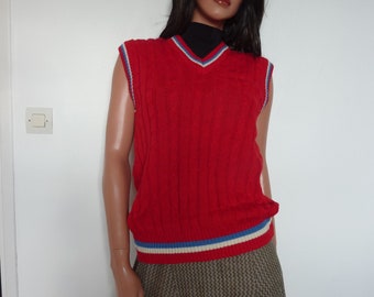 1970s Luxor Paris Red Cable Knit Cricket Chaleco Tenis Tank Top Jumper Suéter Lana Unisex Retro Deportes Setenta