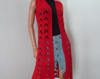 70s Crochet Maxi Length Waistcoat Red Sleeveless Jacket Vest Boho Hippie Hippy Retro Seventies Gilet Festival Ethnic Peasant Folk