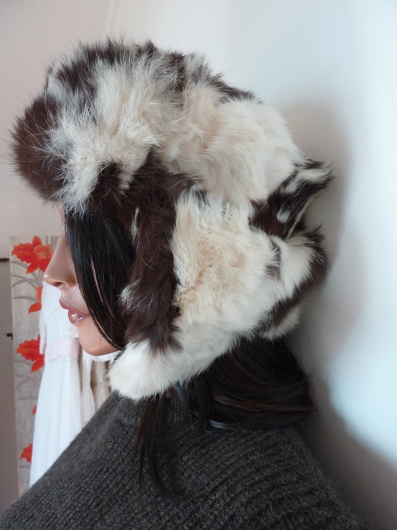 Vintage Fur Trapper Hat Brown White Quilted Lining Rabbit Unisex Russian Winter Hat Skiing 59