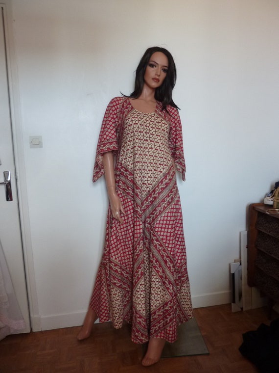 70s Block Printed Indian Angel Sleeve Dress Maxi C