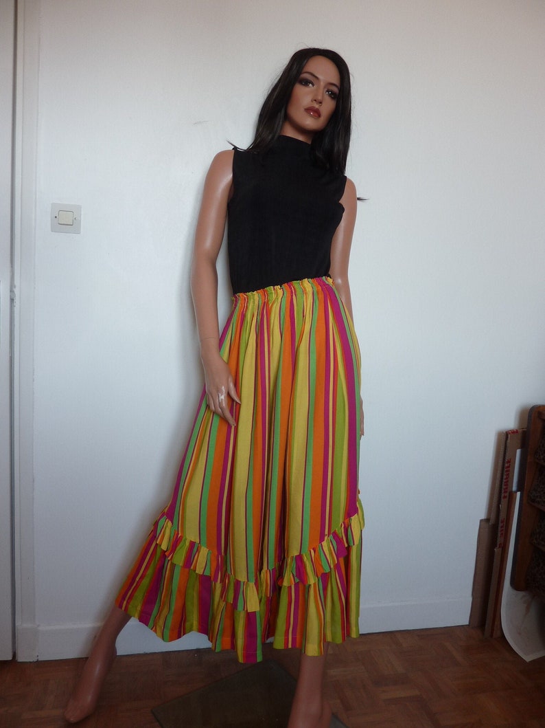 CHACOK Rainbow Striped Skirt Tiered Ruffled Asymmetrical Oshima Yellow Pink Green Orange Purple One Size 80s 90s French