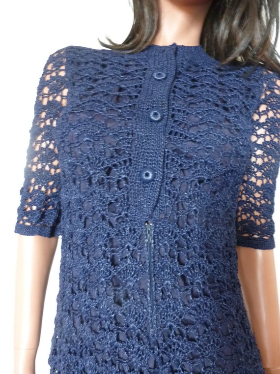 60s 70s Crochet Mini Dress Jane Eva Navy Blue Nic… - image 3