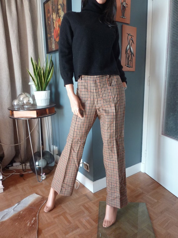70s Brown Check Menswear Trousers 