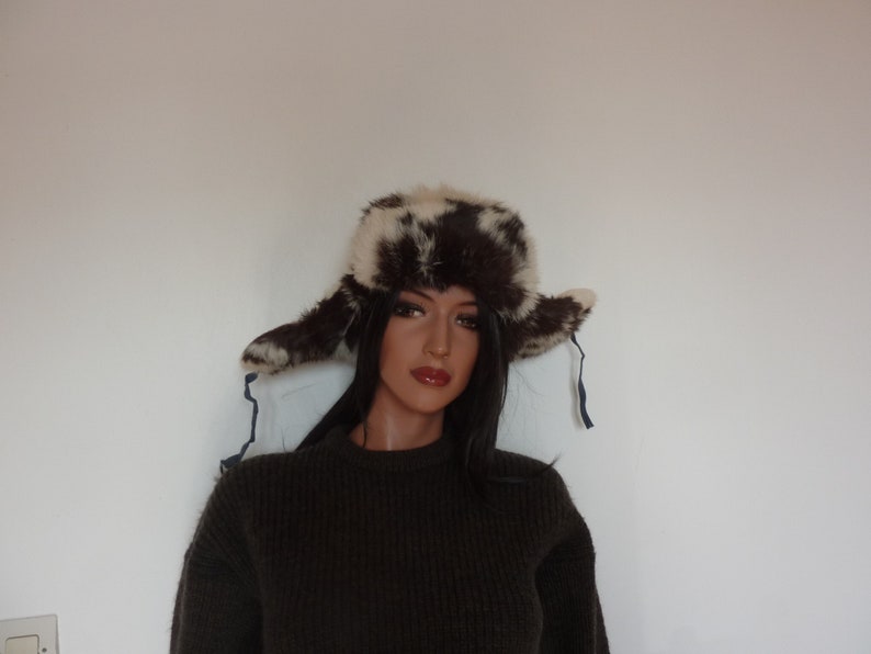 Vintage Fur Trapper Hat Brown White Quilted Lining Rabbit Unisex Russian Winter Hat Skiing 59