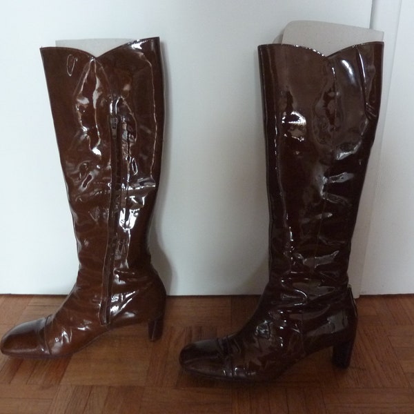 vintage Stephane Kelian Brown Patent Leather Knee High Boots Français Taille UK 5 US 7 EU 38 Low Heel Made in France