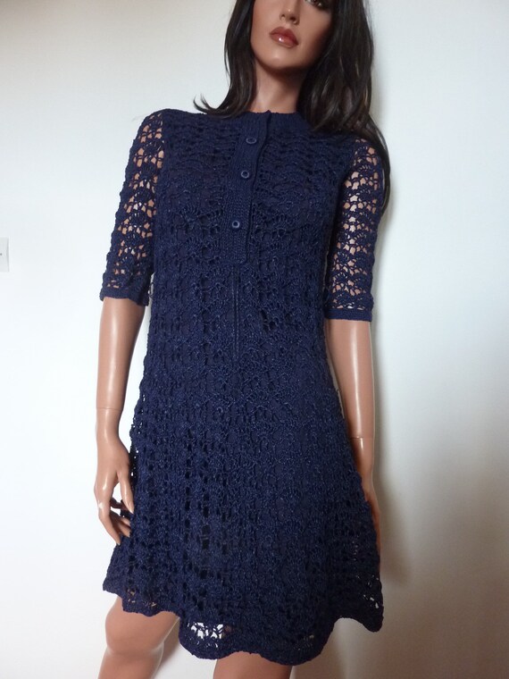 60s 70s Crochet Mini Dress Jane Eva Navy Blue Nic… - image 10