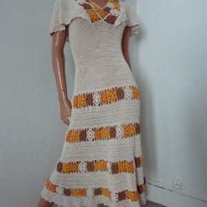 Vintage Crochet Dress Floral Motifs Butter Yellow Orange Brown Cape Sleeves Retro Knit Handmade Boho 70s Style