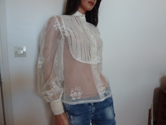 One of a Kind Sheer White Blouse Voile Shirt Big P