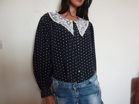Vintage 80s Polka Dot Blouse with Big Lace Collar