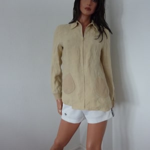Jean Charles de Castelbajac Linen Shirt Jacket Made in Italy Size 40 Embroidered Flower Butter Yellow