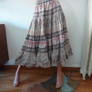 Vintage French Provencal Tiered Skirt Blue Pink Cotton 360 degree Valderome Souleiado Print Valdrome Elasticated Waist Midi