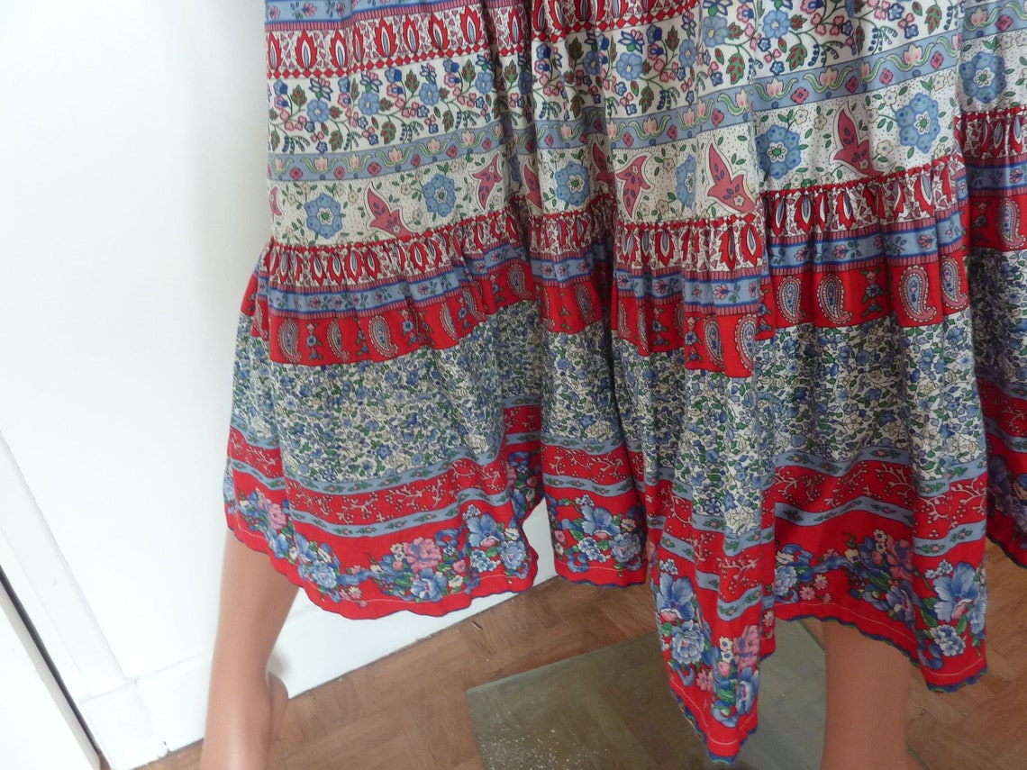 Vintage French Provencal Tiered Skirt Red Blue White Cotton Etsy