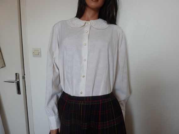Vintage 80s White Blouse Lace Collar CANDA Peter P