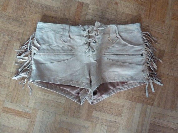 Top Shop Suede Fringed Shorts Hot Pants Pale Tan … - image 6